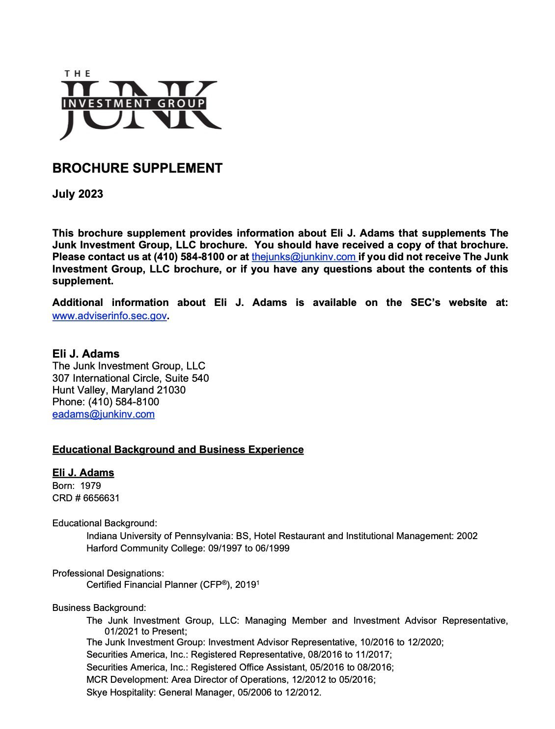 Junk Investment Brochure Supplement